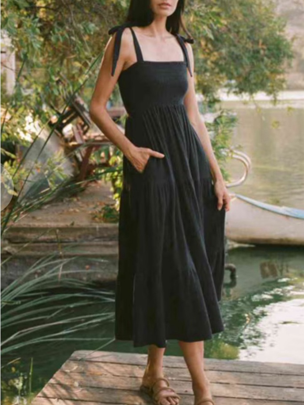 Christy Dawn Black Smocked Tie-Shoulder Midi Dress